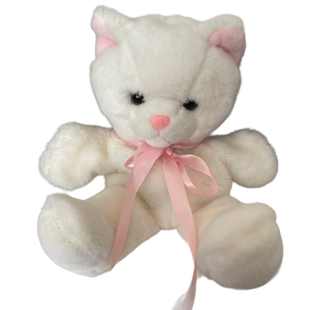 Teddy bear plush puppet, white with black eyes and pink ears, 13 inches tall.